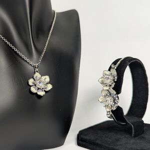 Swarovski® Crystal Hand-Painted Flower Jewelry Set: 3D Enamel Necklace & Bangle